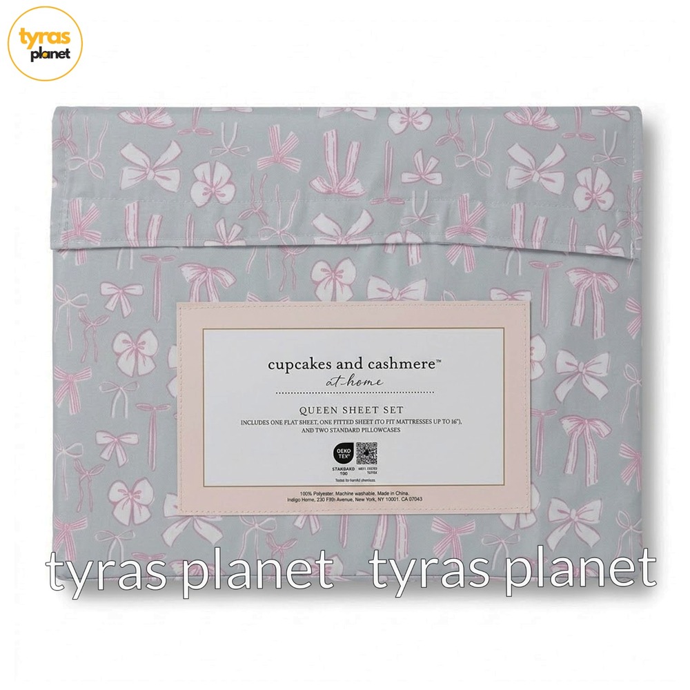 Cupcakes and Cashmere Babette Bow Sheet Set Pink/Grey | 4 piece Size Queen